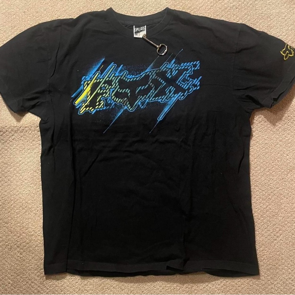 Fox Black Short Sleeve Tee with Blue and Yellow Graphic Logo